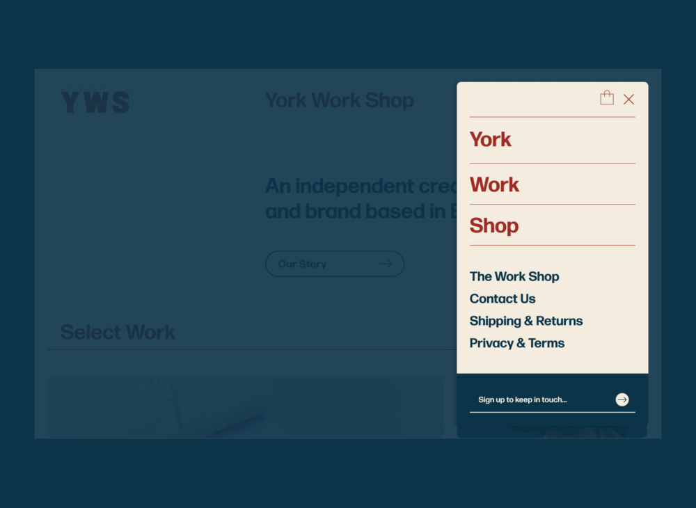 The mobile drawer menu of the York Work Shop website