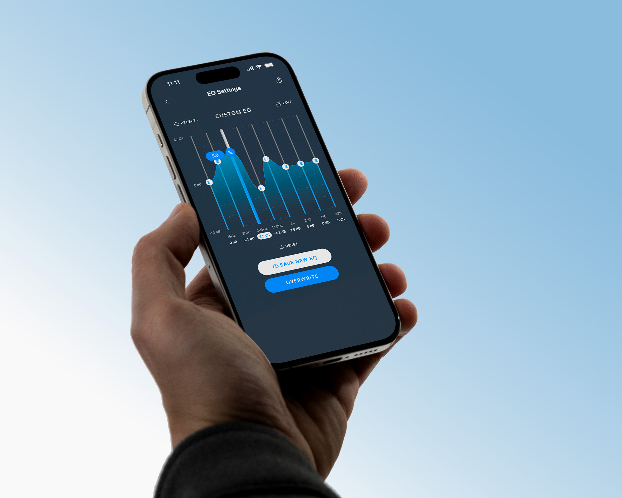 Hand holding iPhone with the custom eq screen from the Status Hub displayed