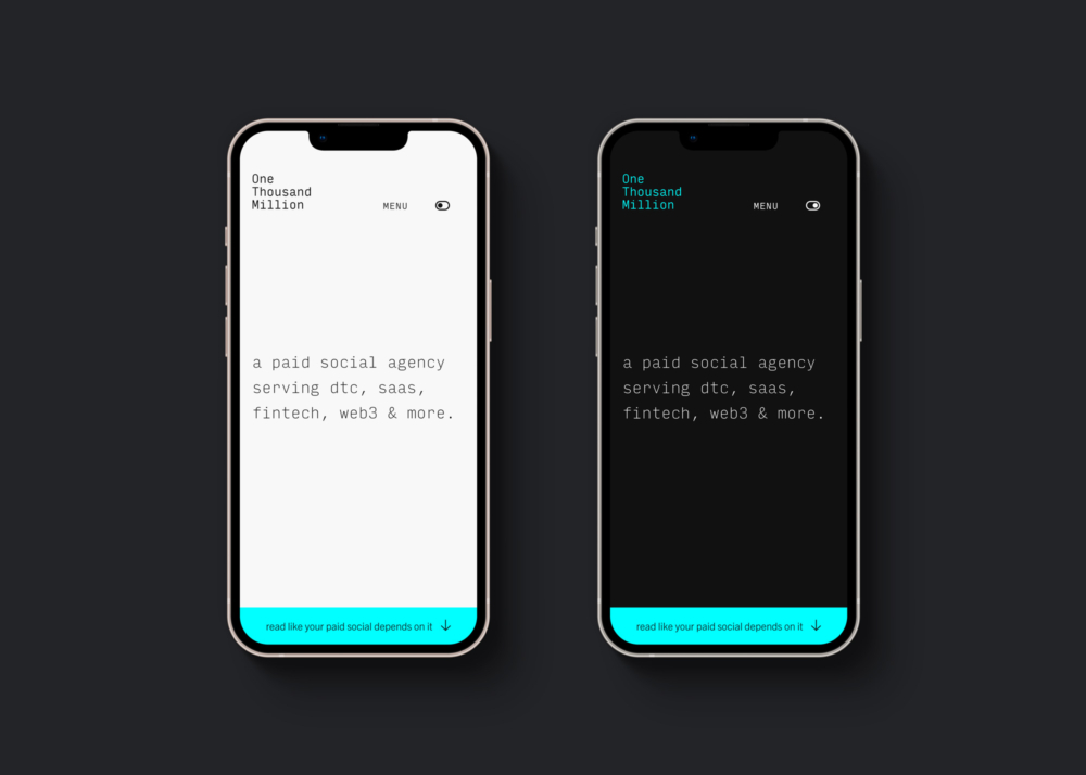 Two iPhones next to each other. One showing a website in dark mode and one in light mode.