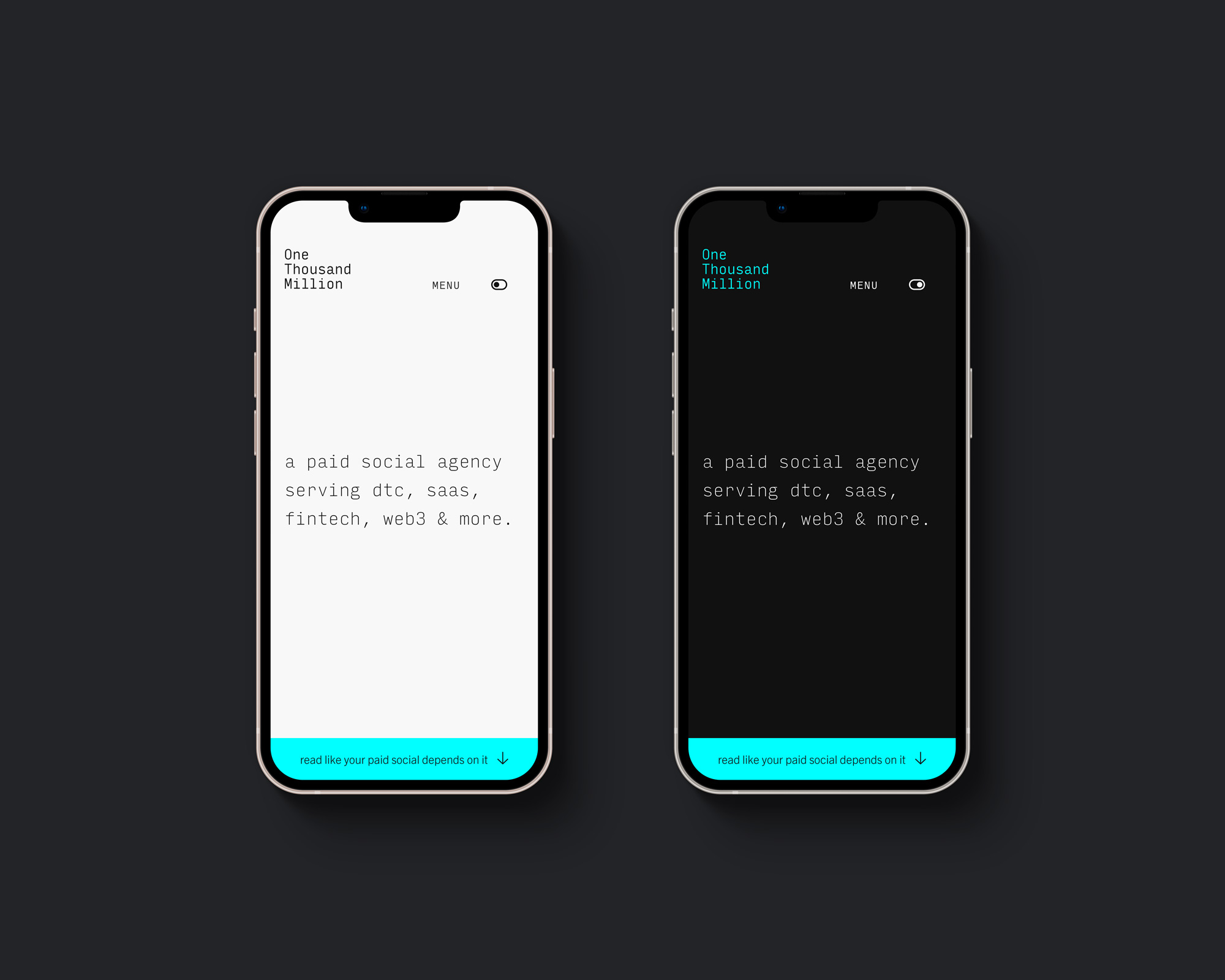 Two iPhones next to each other. One showing a website in dark mode and one in light mode.