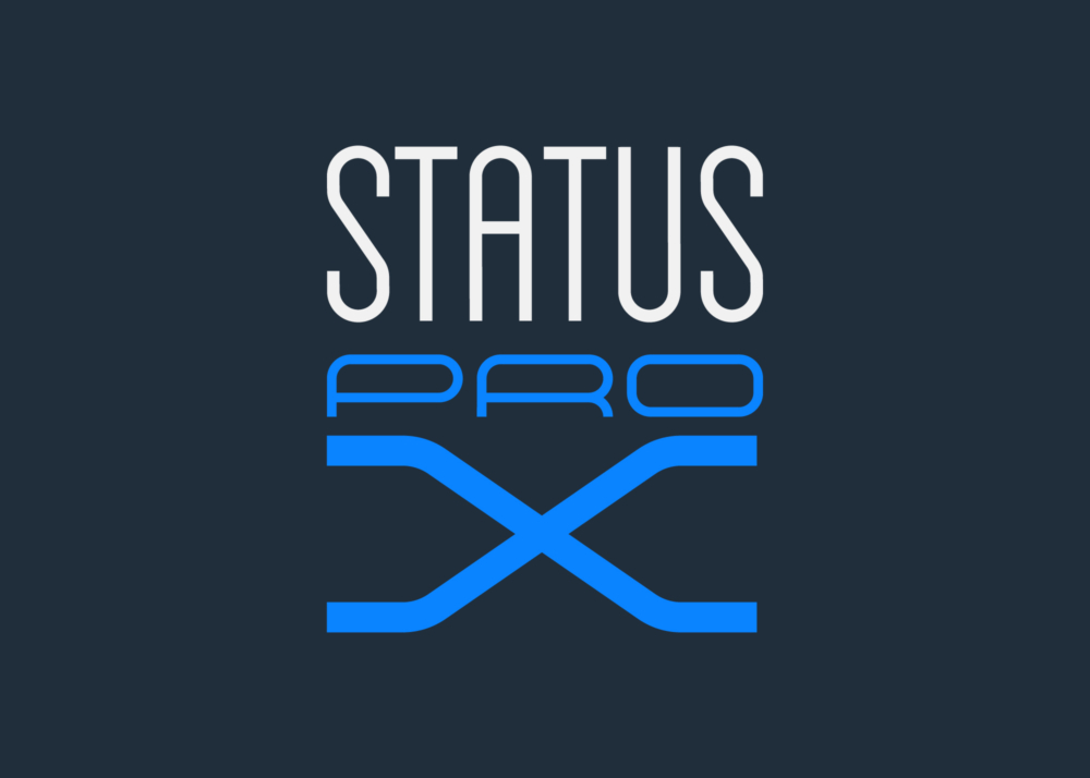 Status Pro X logo in white and vibrant blue on a navy blue background.