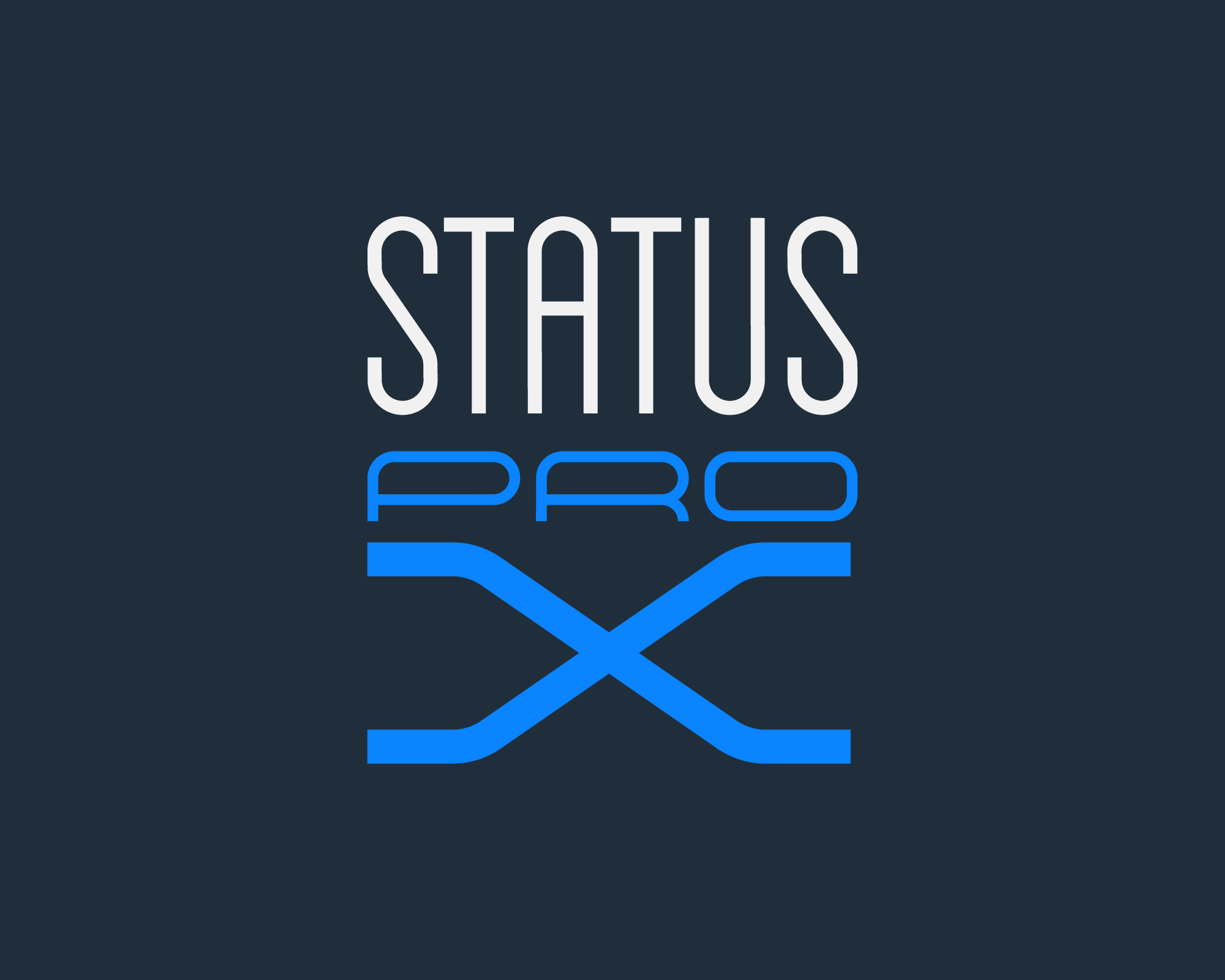 Status Pro X logo in white and vibrant blue on a navy blue background.