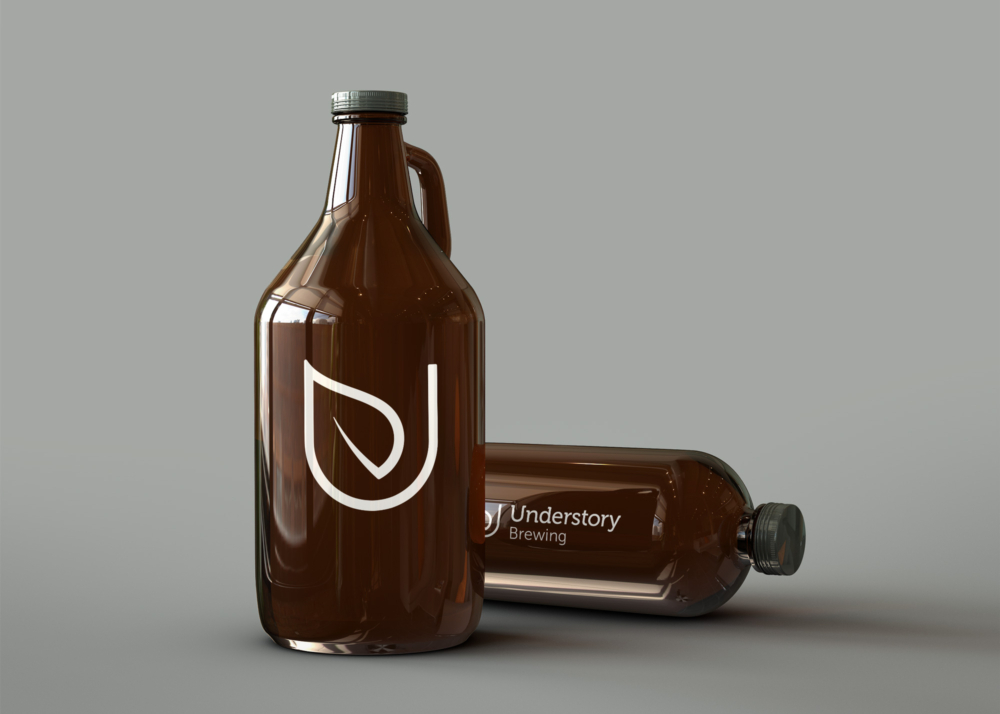 Two beer growlers adorned with white Understory brand logos.