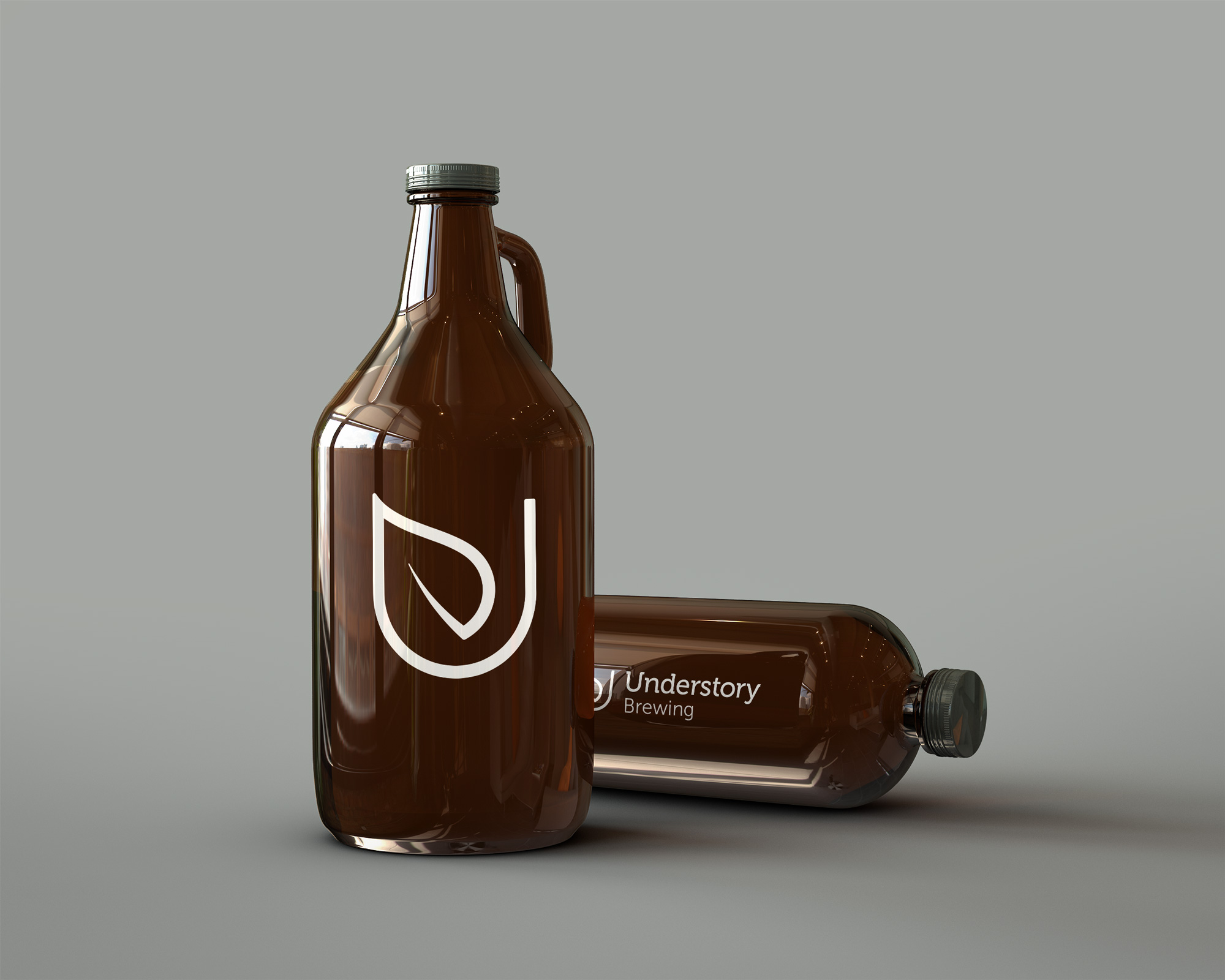 Two beer growlers adorned with white Understory brand logos.