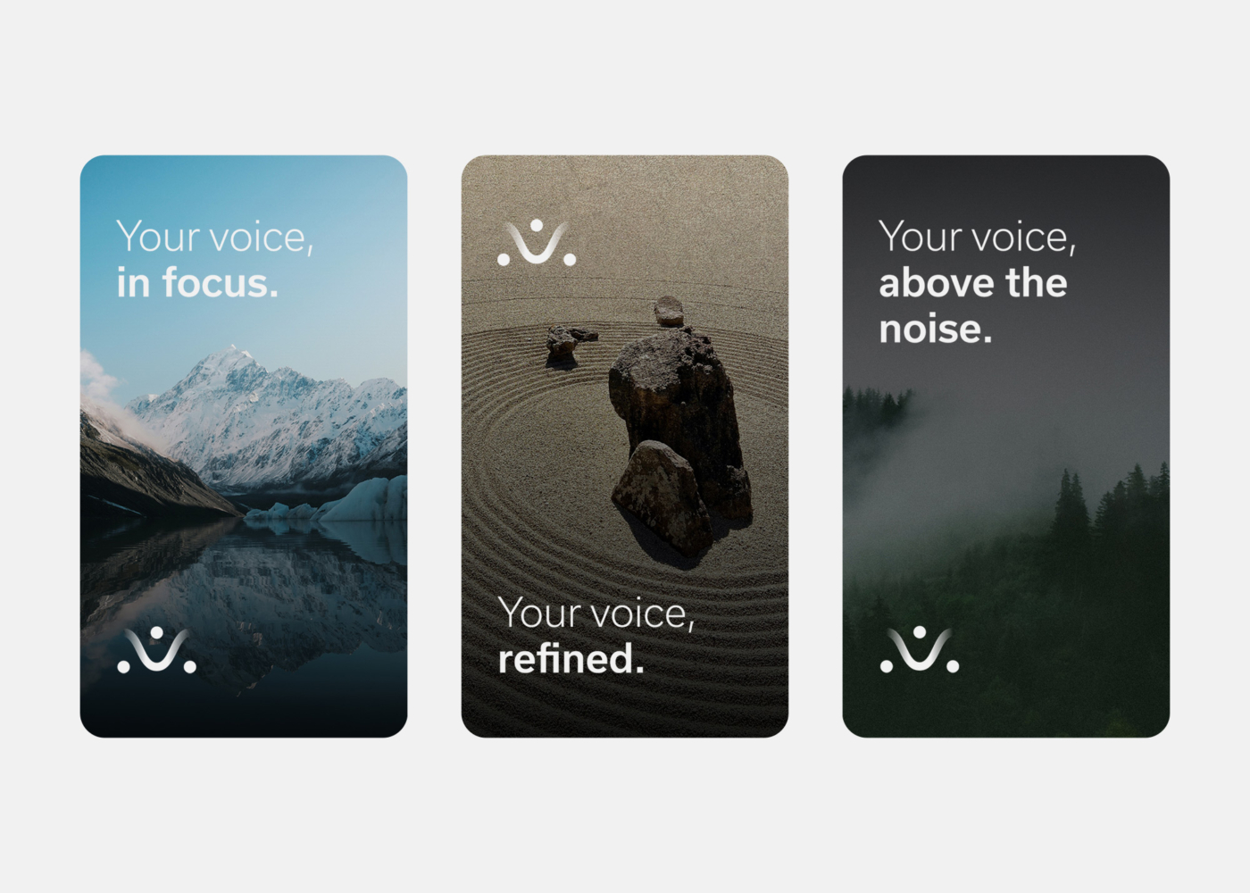 Three mobile sized screens with Voiceloom advertisements featuring nature-related background photos overlaid with Voiceloom logomarks and ad taglines.