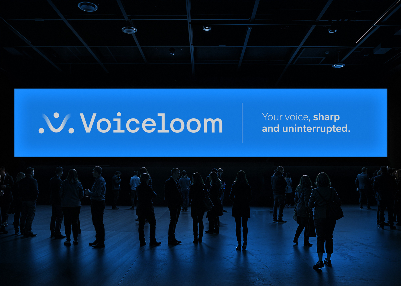 Large digital conference display featuring the Voiceloom logo and tagline in white on vibrant blue