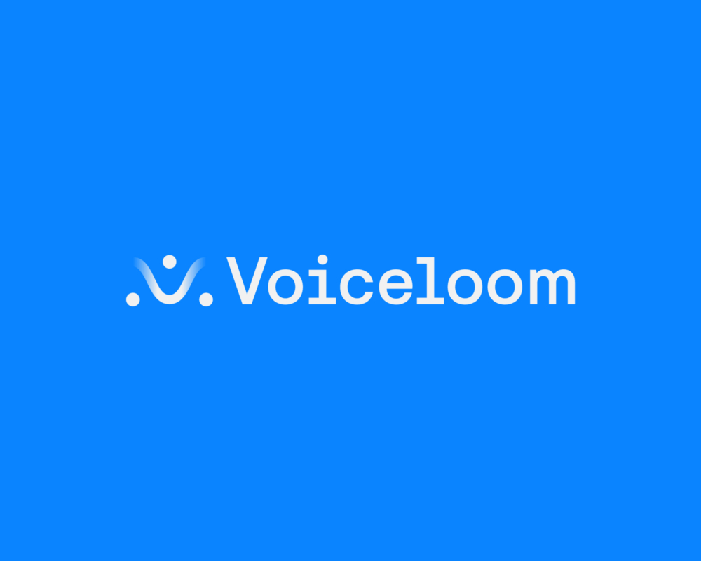 Voiceloom lockup logo in white on vibrant blue