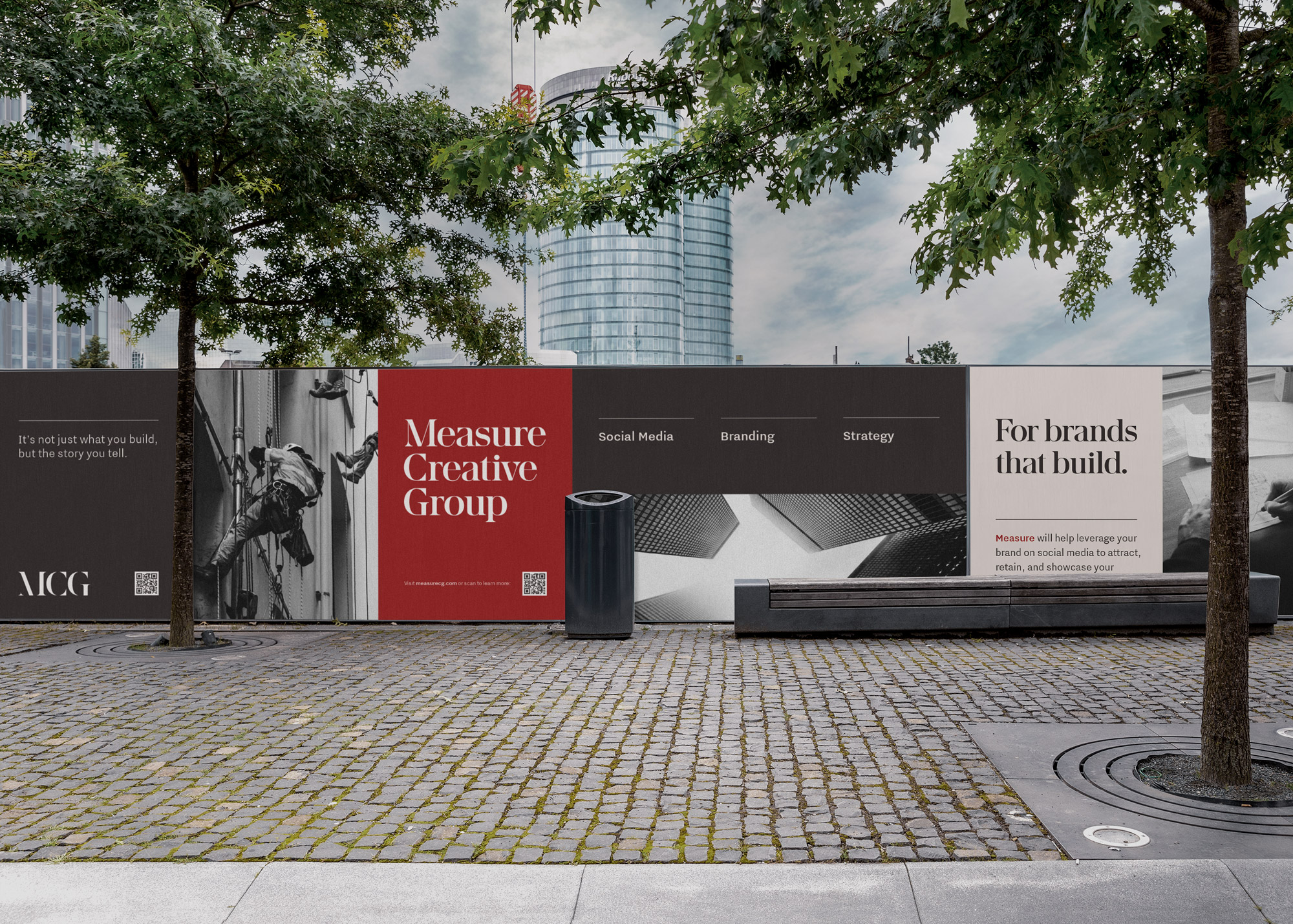 Construction hoarding billboards with Measure Creative Group branding