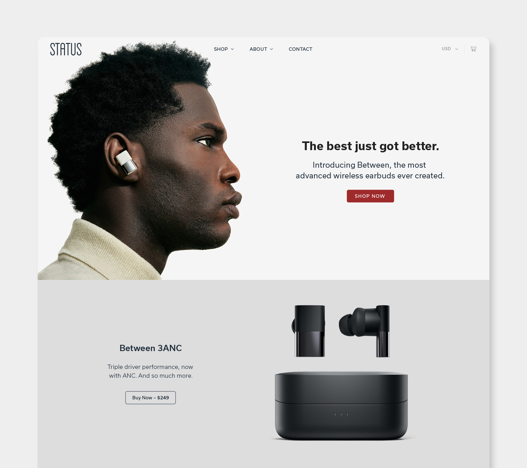 Screenshot of the status.co homepage design with Between 3ANC products showing
