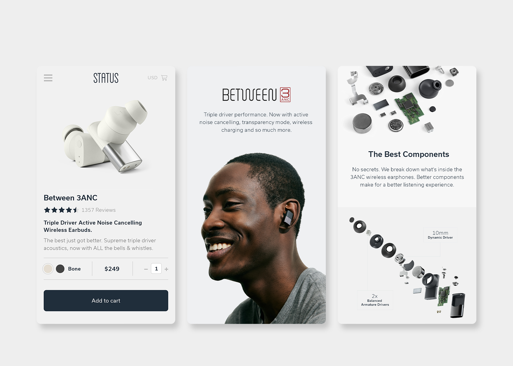 Screenshots of the status.co website showing the Between 3ANC product page