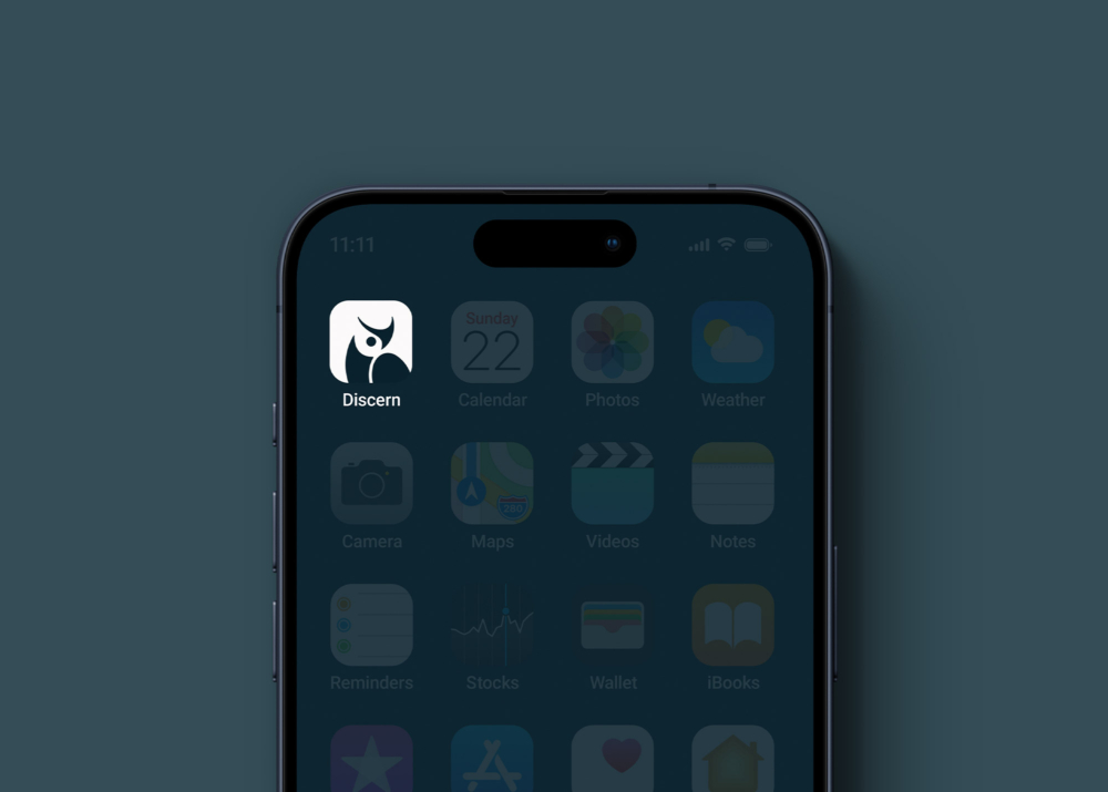 iOS App icon on iPhone screen from the Discern Visual Identity