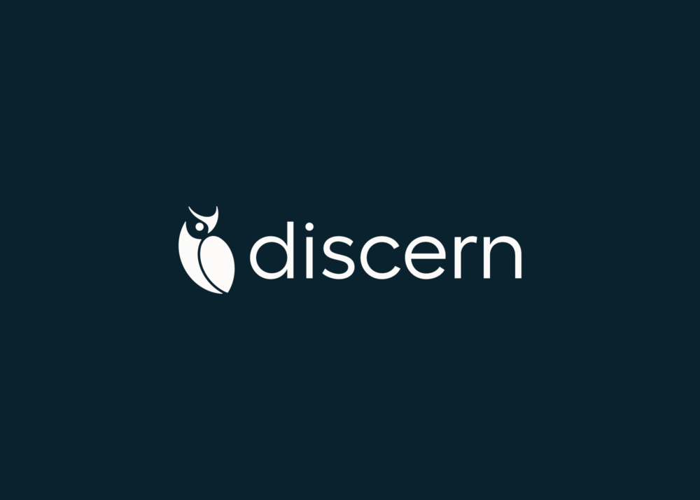 White on blue lockup combination owl logo from the Discern Visual Identity