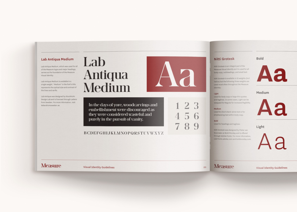 Printed spread of typography in the Measure Creative Group Visual Identity Guidelines