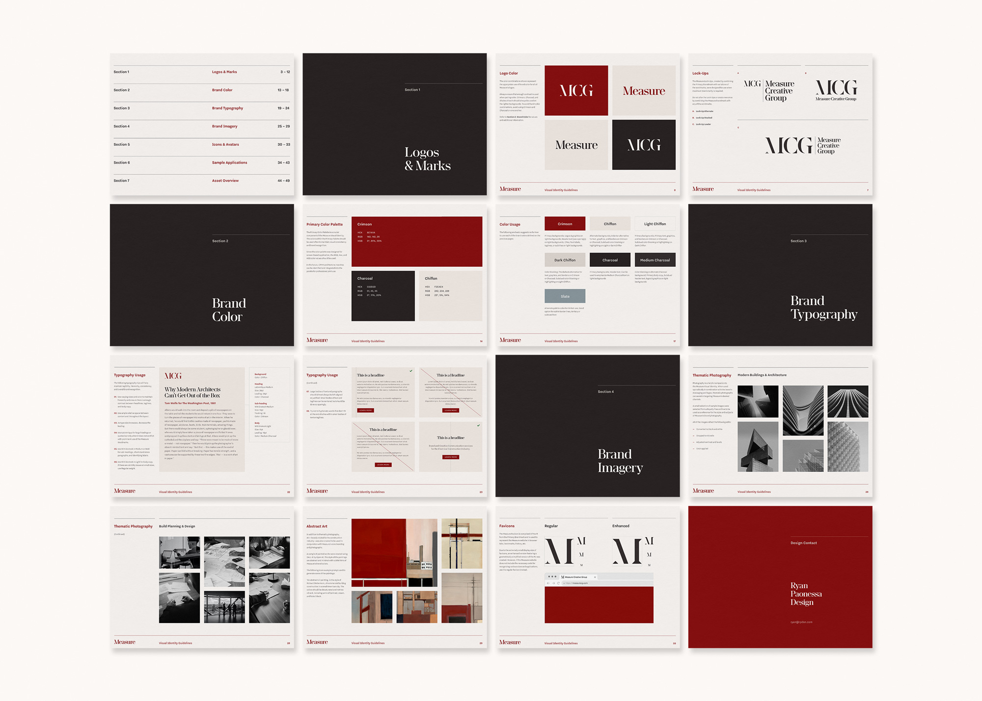 Overview of the Measure visual identity guidelines page spreads