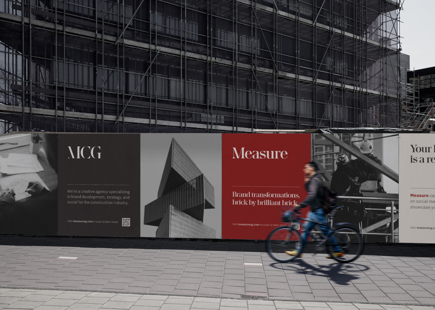 Construction hoarding billboards with Measure Creative Group branding