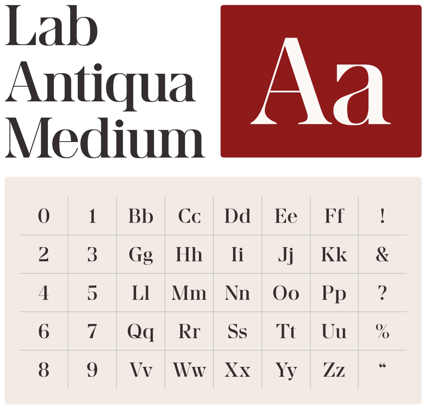 Lab Antiqua Medium typography specimen for Measure Creative Group's visual identity.
