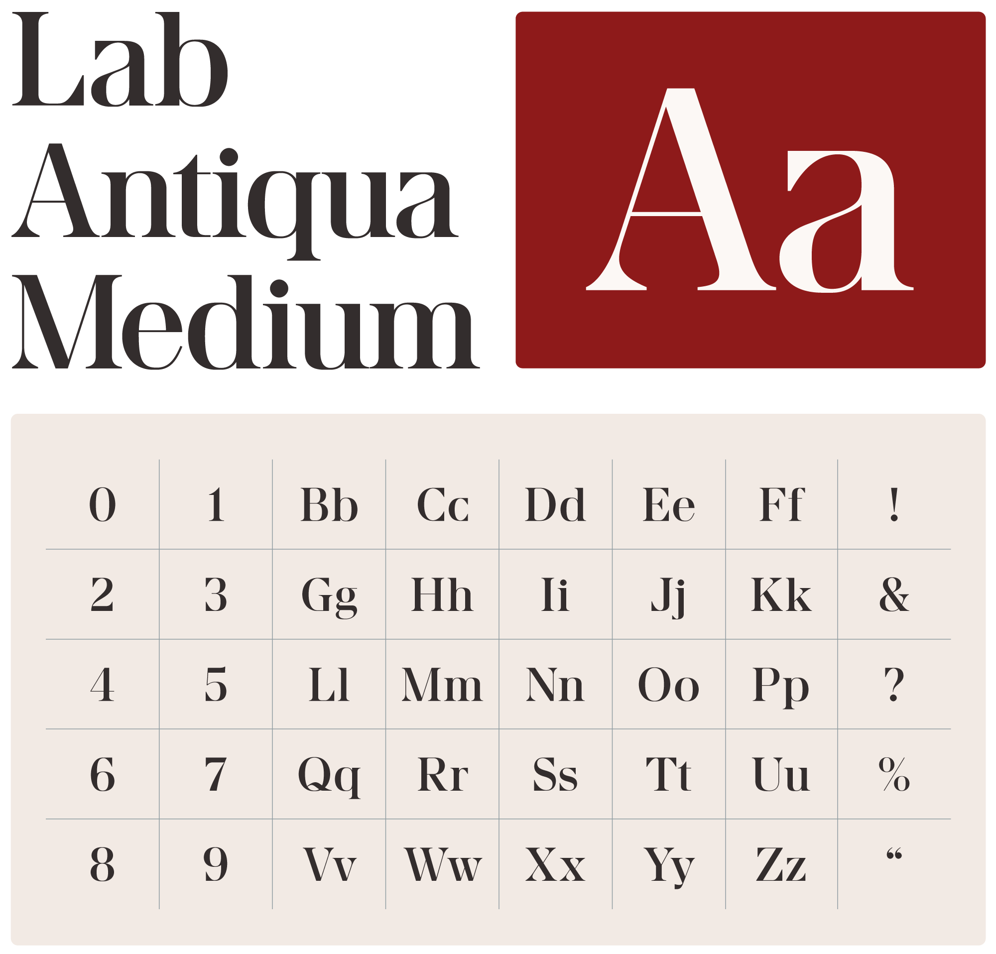 Lab Antiqua Medium typography specimen for Measure Creative Group's visual identity.