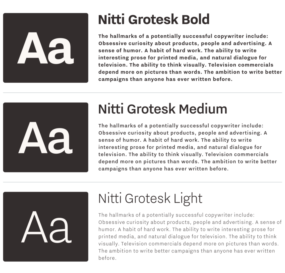 Nitti Grotesk typography specimen for Measure Creative Group's visual identity.