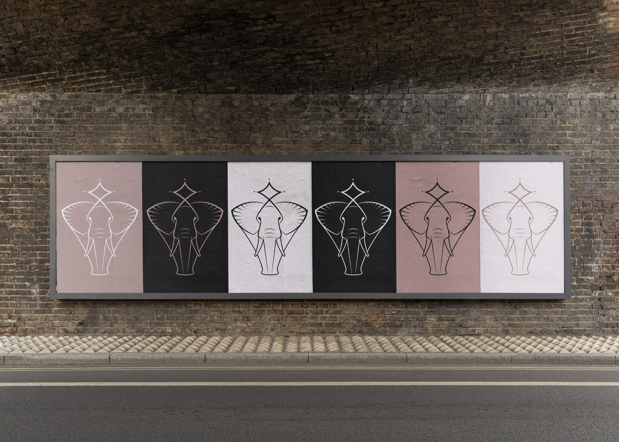 Six posters in various brand colors featuring the BLAQD elephant mascot illustration on a brick wall in an urban setting