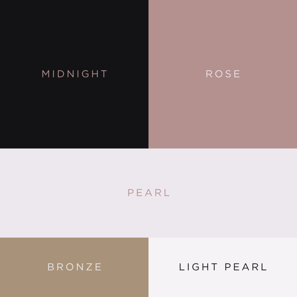 BLAQD color palette swatches consiting of Midnight Rose Pearl Bronze and Light Pearl