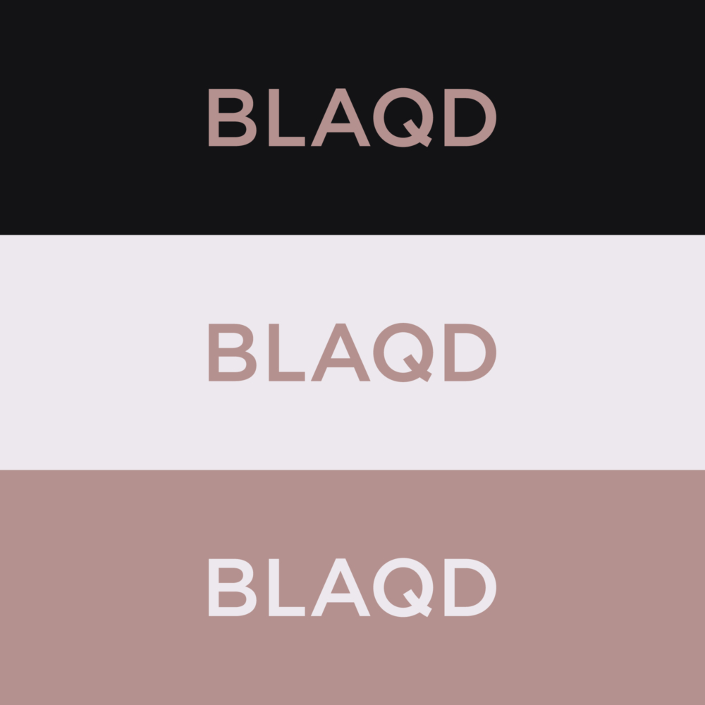 A color sample using the BLAQD wordmark in rose on midnight rose on pearl and pearl on rose