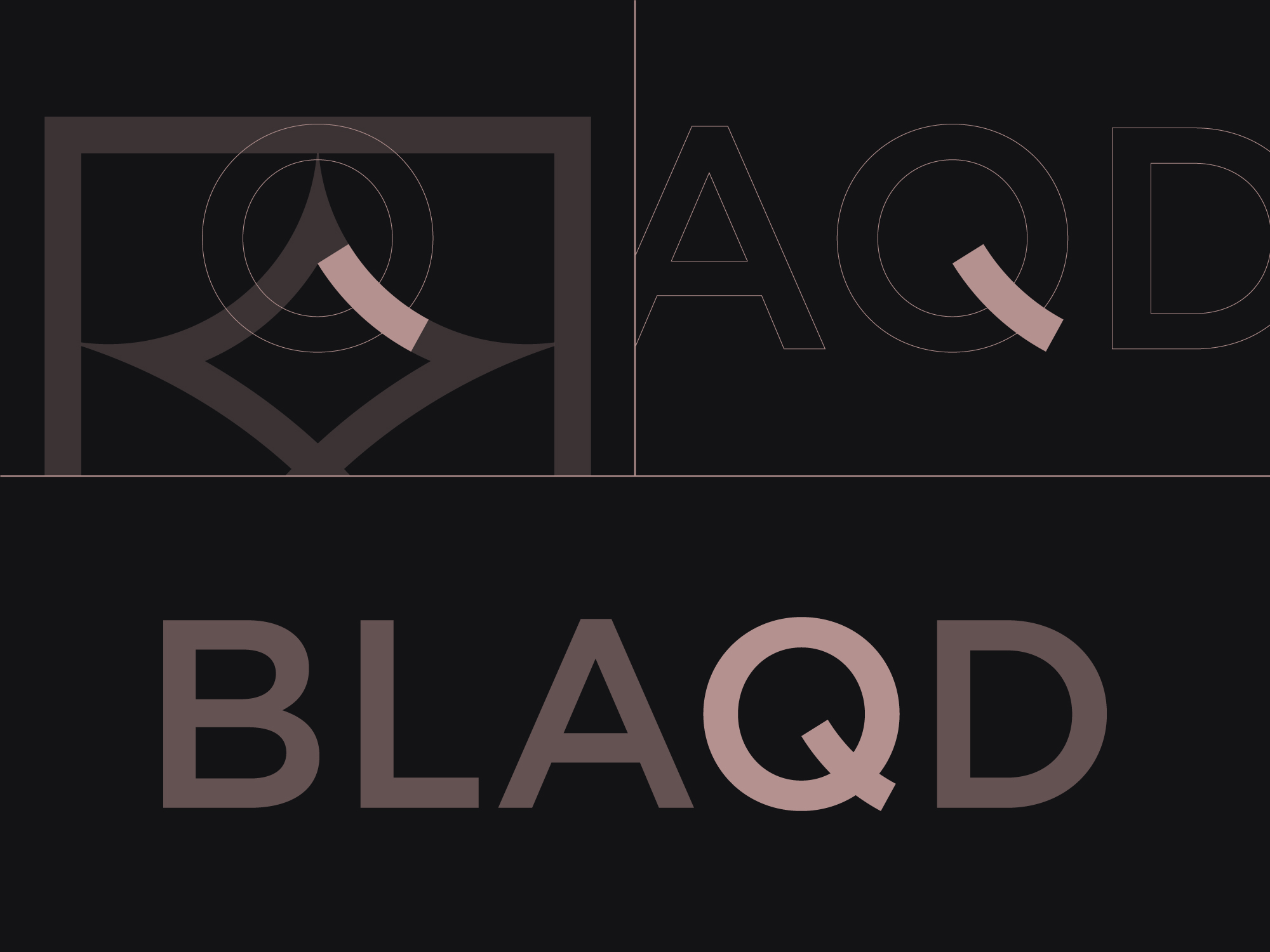 Graphic diagram showing how elements of the Blaqd brandmark are used to form parts of the Blaqd wordmark's letterforms.