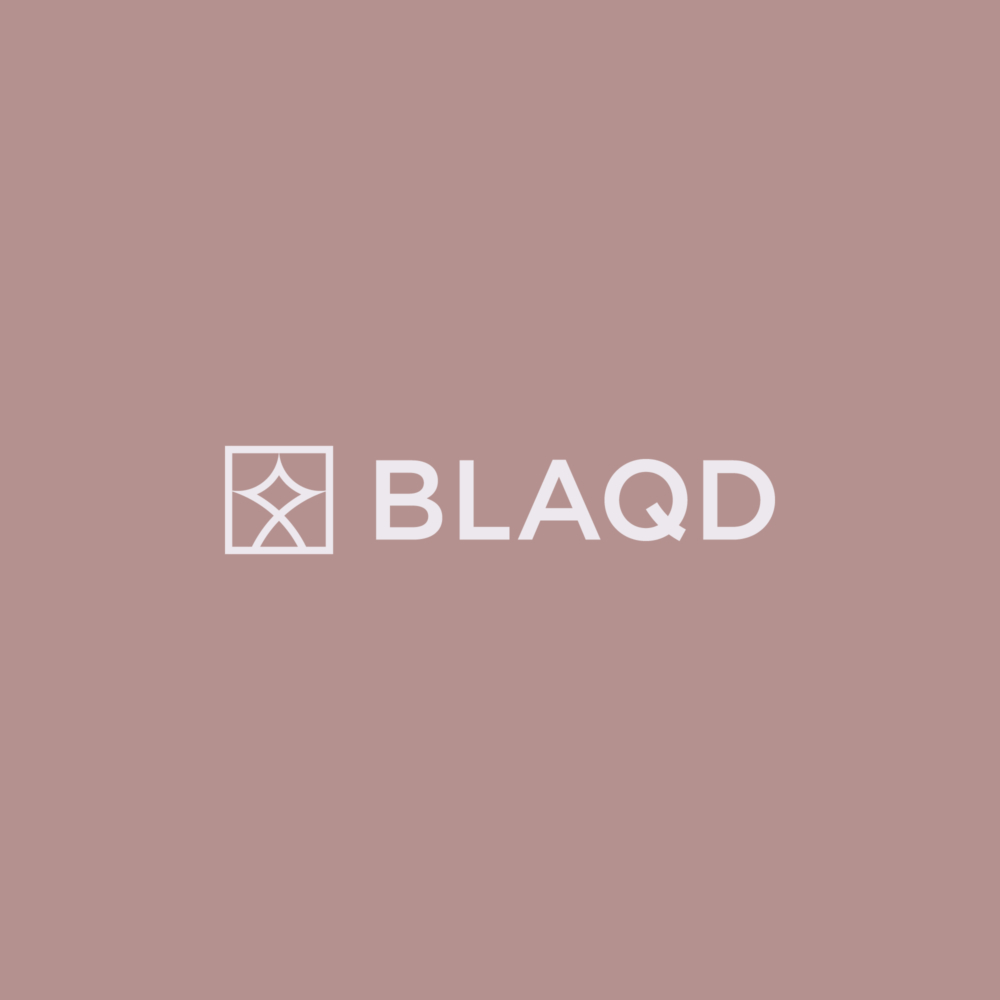 BLAQD lockup logo which combines the brandmark and wordmark into one unifying logo in pearl on rose