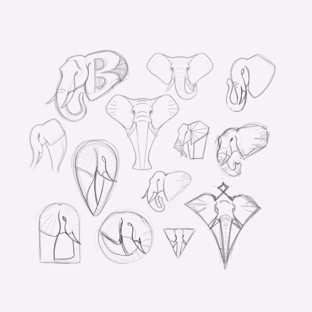 A handful of select BLAQD elephant concept sketches scanned and compiled into a single sheet