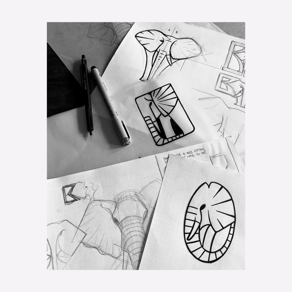 Photo of a desktop covered in process drawings from the creation of the BLAQD elephant mascot.