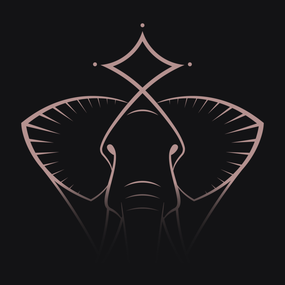 BLAQD brand mascot elephant illustration in a rose gradient on midnight