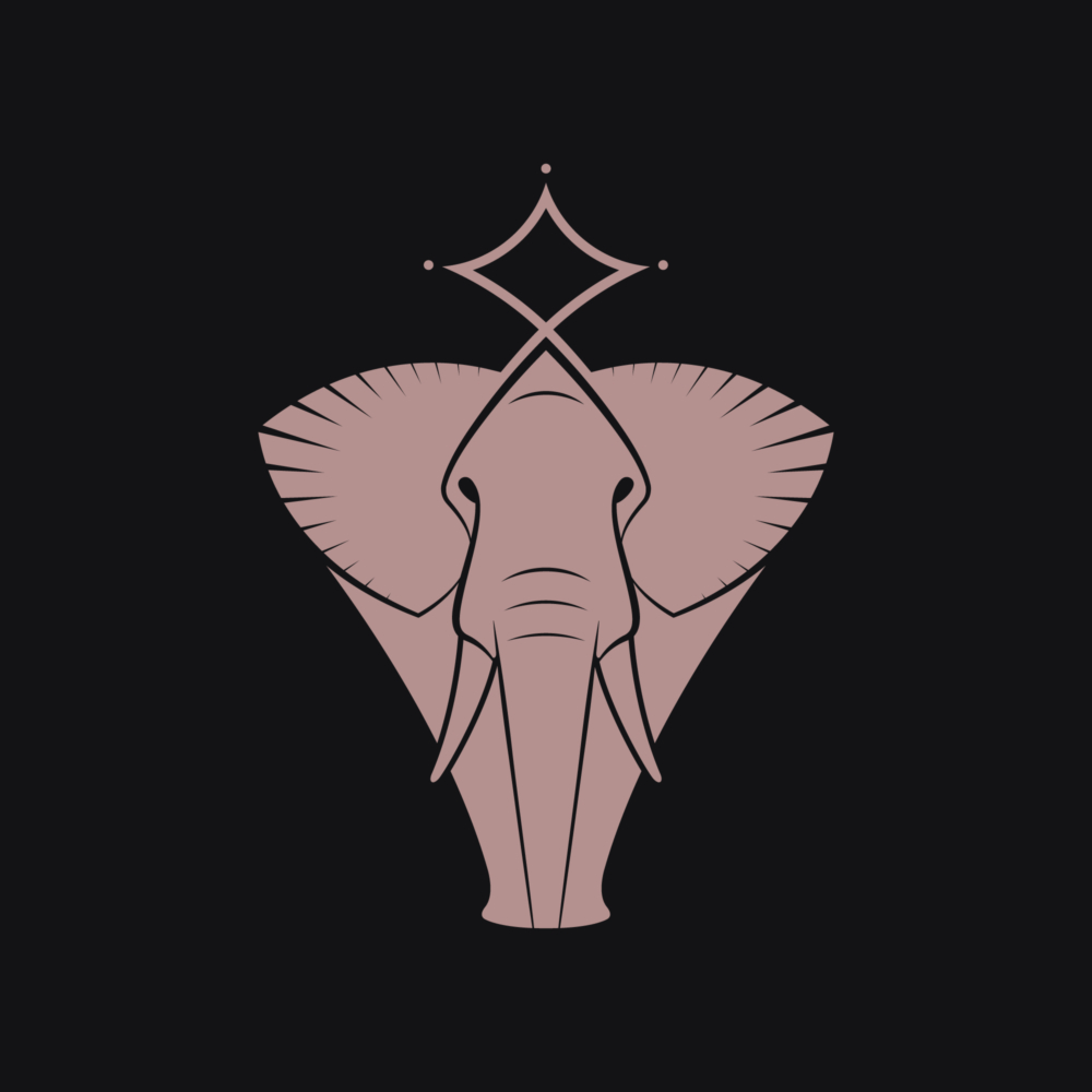 The BLAQD brand mascot elephant illustration with a solid rose fill on midnight