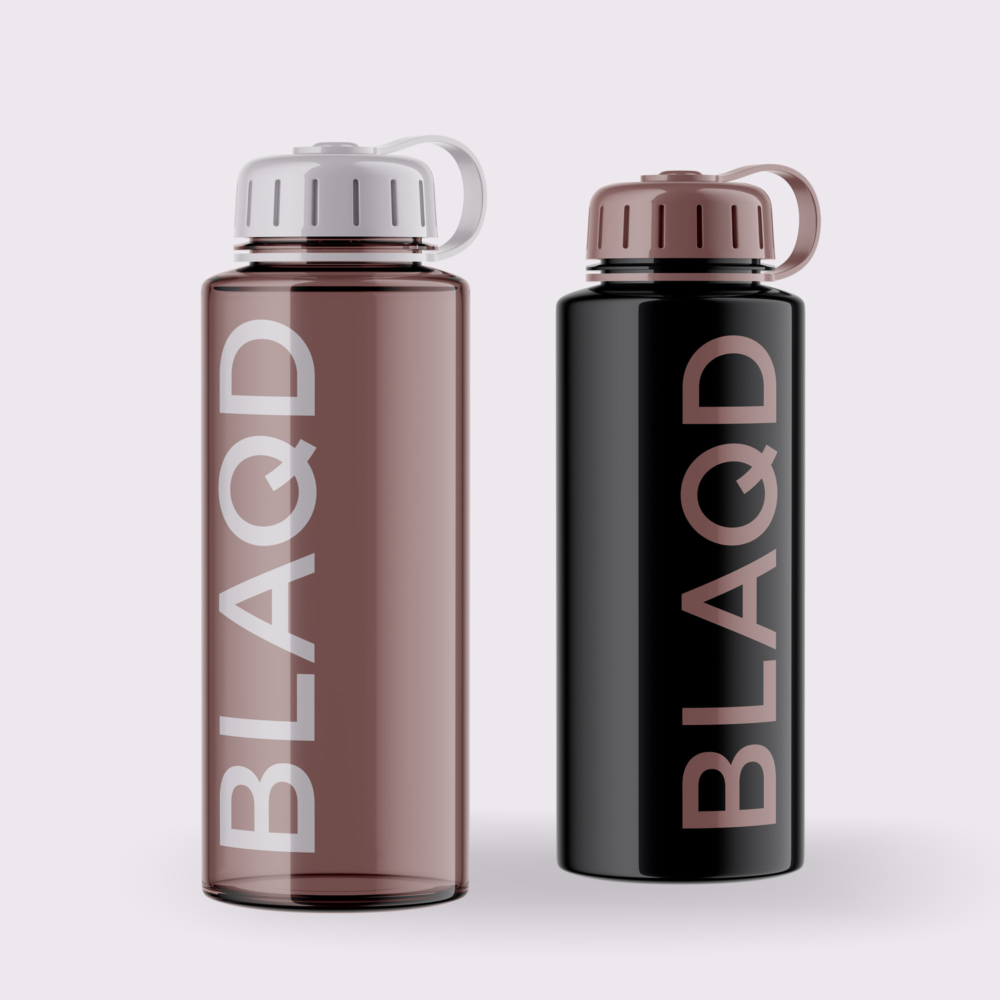 A rose and midnight colored waterbottles with a large vertical BLAQD wordmark in pearl and rose
