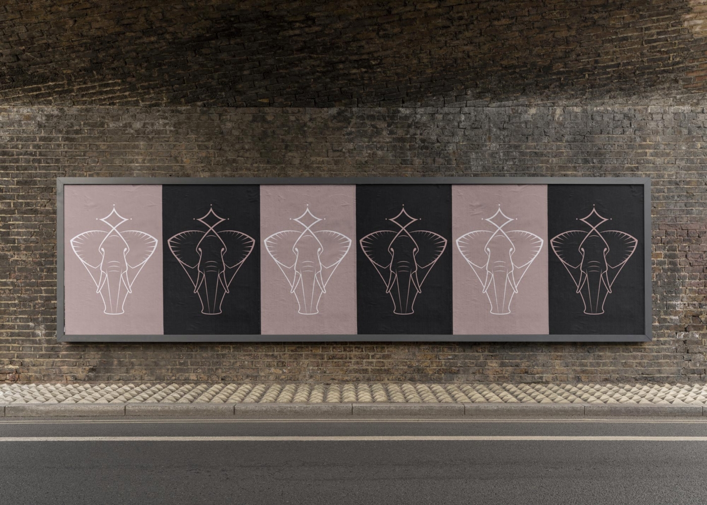 Six posters in various brand colors featuring the BLAQD elephant mascot illustration on a brick wall in an urban setting