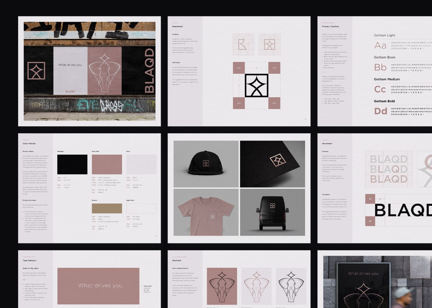 Multiple spreads from the BLAQD visual style guide in a grid pattern