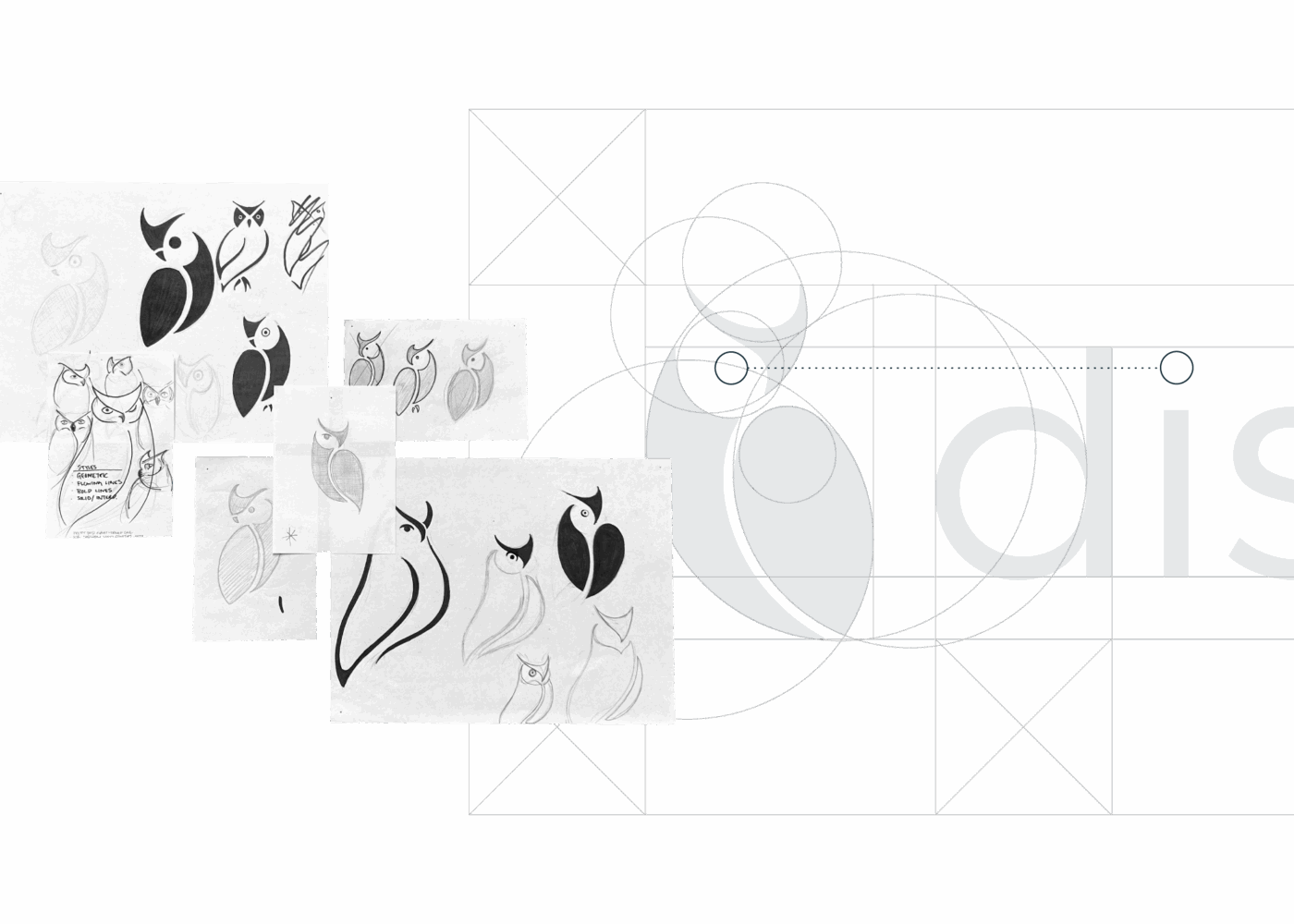 A diagram showing the Discern logo process, including the geometric anatomy of the owl illustration, logo spacing, and subtle details.