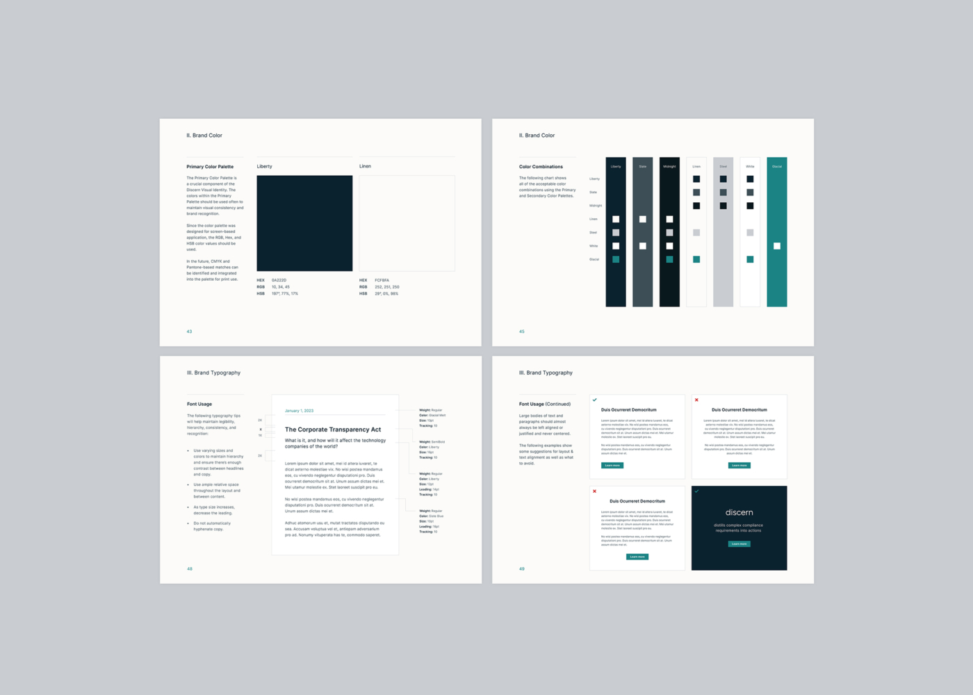 Grid of 4 select pages from the Discern style guide showing brand color and typography rules and usage suggestions.