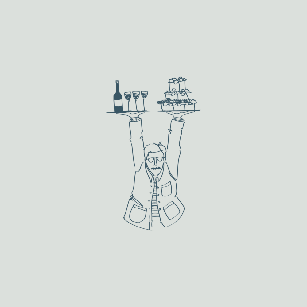 Illustration by Molly Bloom of man holding two full serving trays above his head.