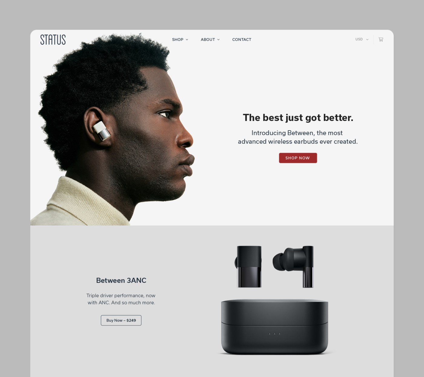 Screenshot of the status.co homepage design with Between 3ANC products showing