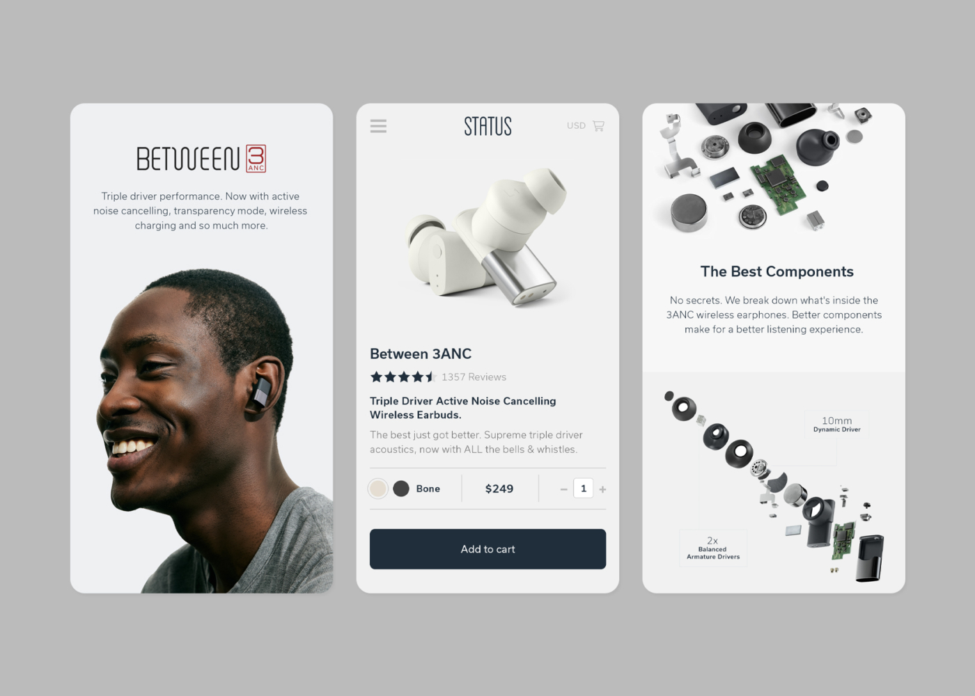 Screenshots of the status.co website showing the Between 3ANC product page