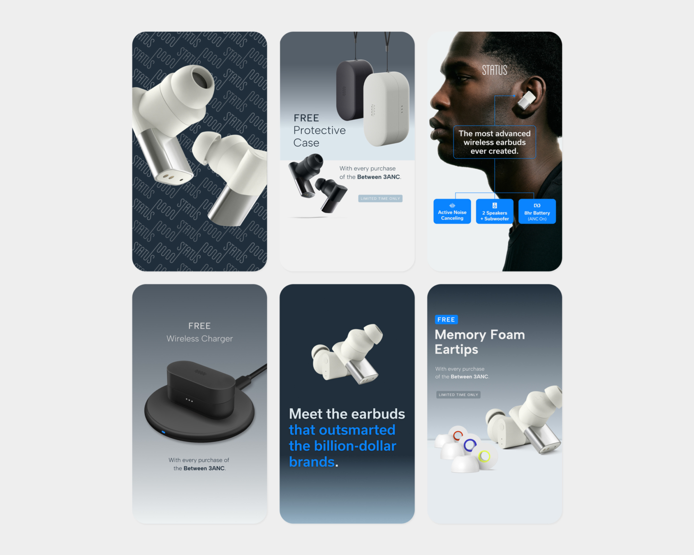 Six paid social ad examples focussed on the Status Between 3ANC and related accessories.