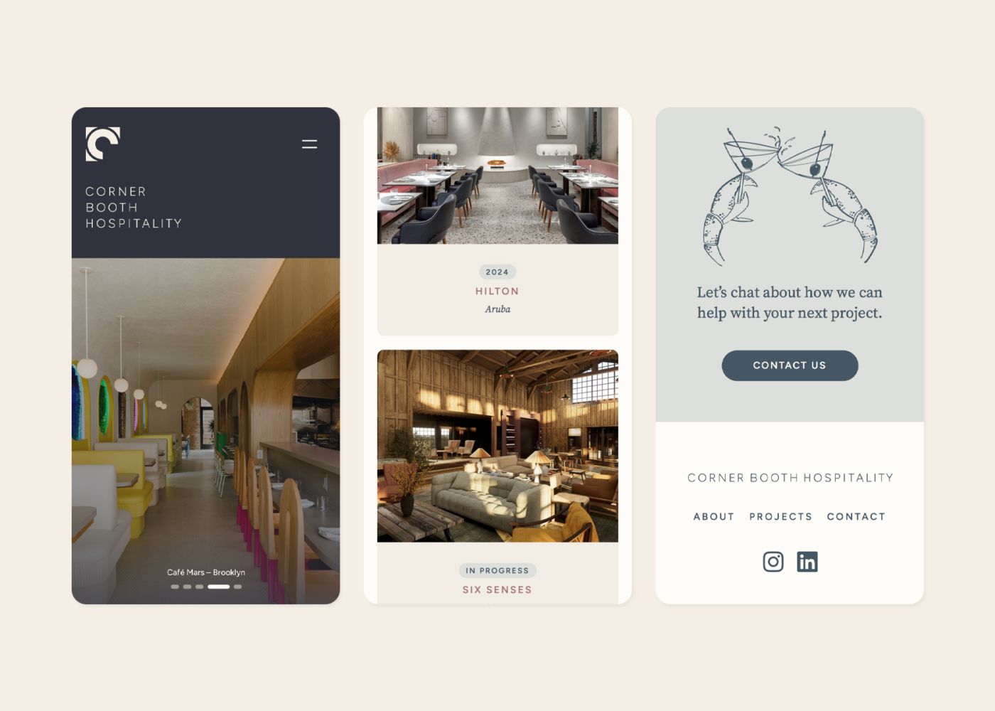 Three website screens of a Corner Booth Hospitality website's homepage at mobile size.