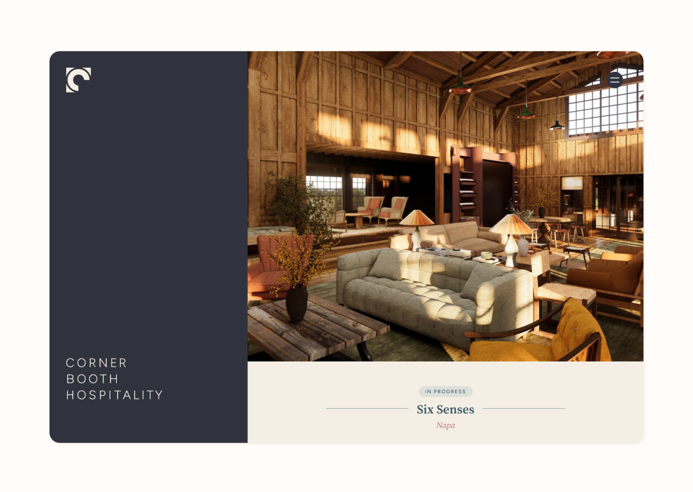 Website screen showing the Corner Booth Hospitality header and hero above the fold.