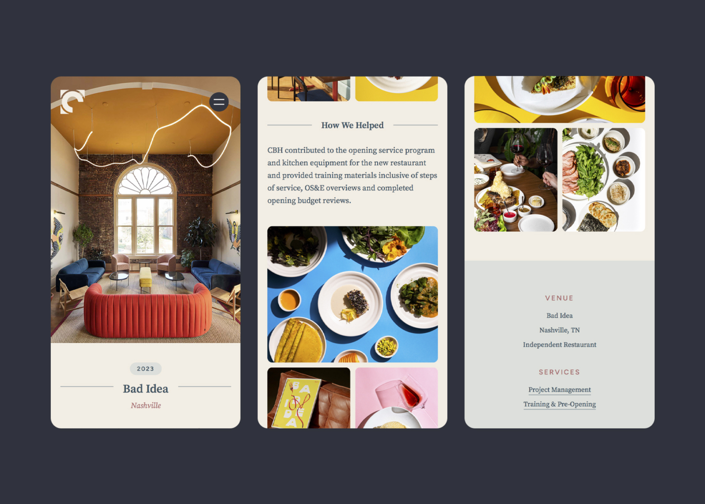 Three website screens of a Corner Booth Hospitality website's project page at mobile size.