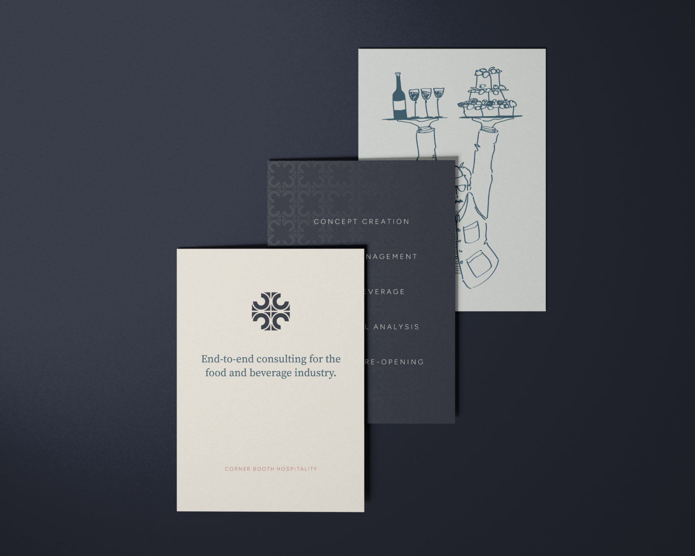 A sample of the Corner Booth Hospitality visual identity elements used on 3 post cards offset and stacked on a dark blue background.