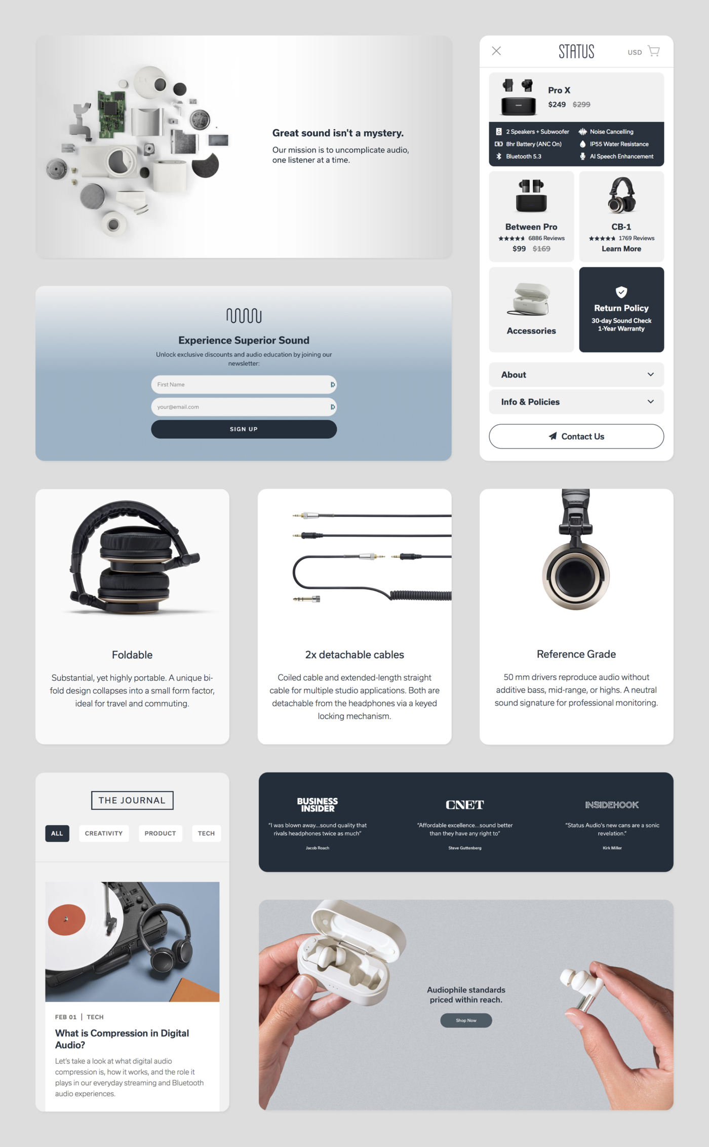 Misc screenshots of banners and sections of the Status Audio website design