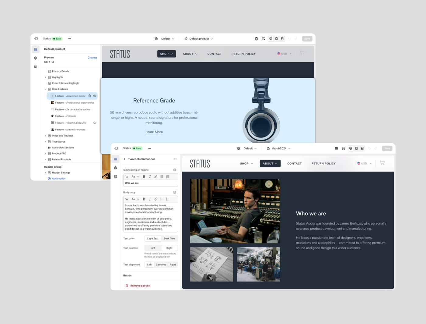 Screenshot of the status.co Shopify theme editor